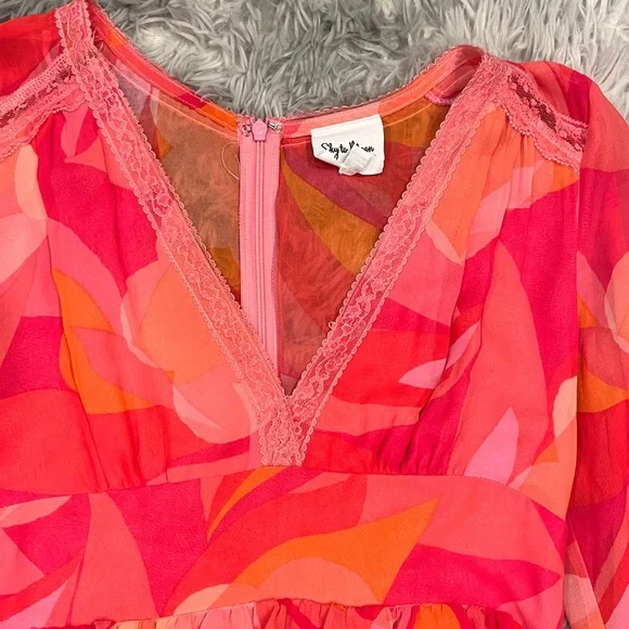 Sky to Moon- Women’s Pink & Orange Floral Ruffle Dress size Med - Picture 2 of 8